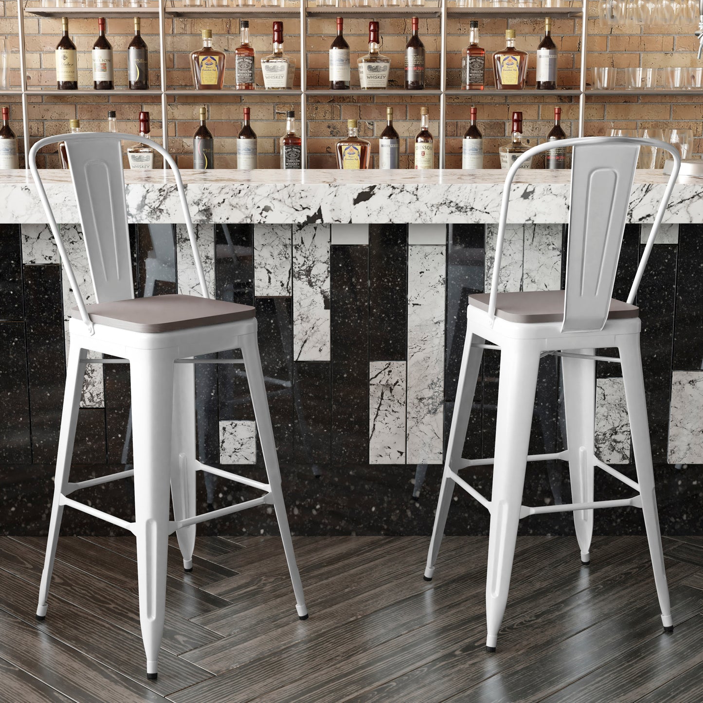 Kai Commercial Grade 30" High White Metal Indoor-Outdoor Bar Height Stool with Removable Back and Gray All-Weather Poly Resin Seat Gray Seat/White Frame