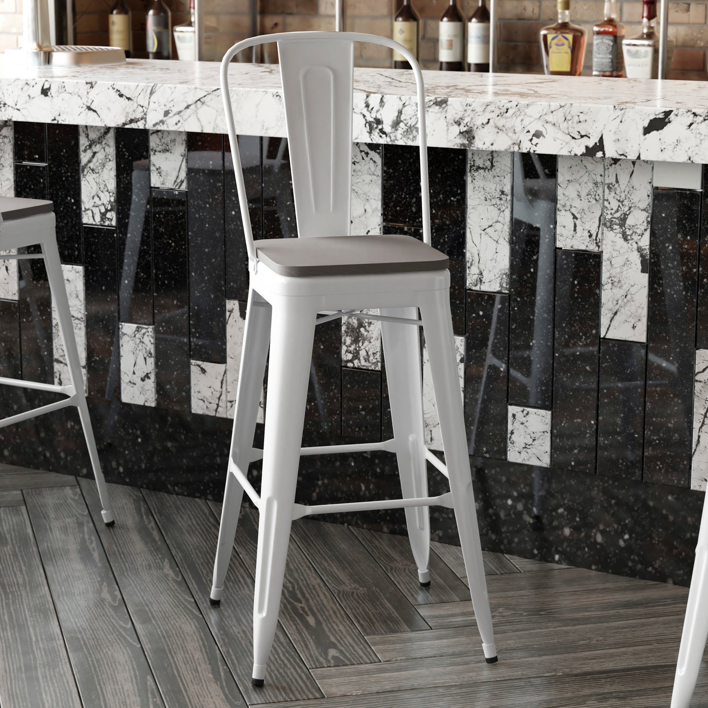 Kai Commercial Grade 30" High White Metal Indoor-Outdoor Bar Height Stool with Removable Back and Gray All-Weather Poly Resin Seat Gray Seat/White Frame