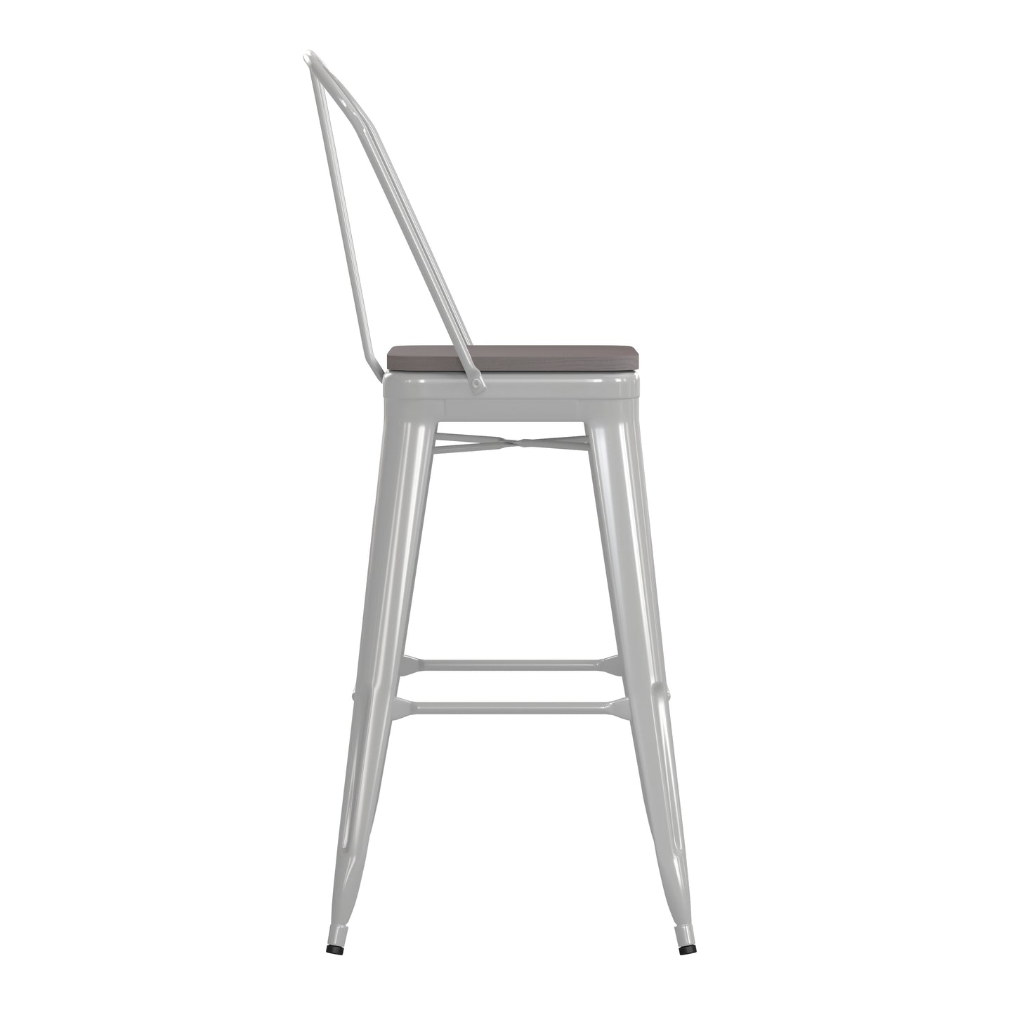 Kai Commercial Grade 30" High White Metal Indoor-Outdoor Bar Height Stool with Removable Back and Gray All-Weather Poly Resin Seat Gray Seat/White Frame