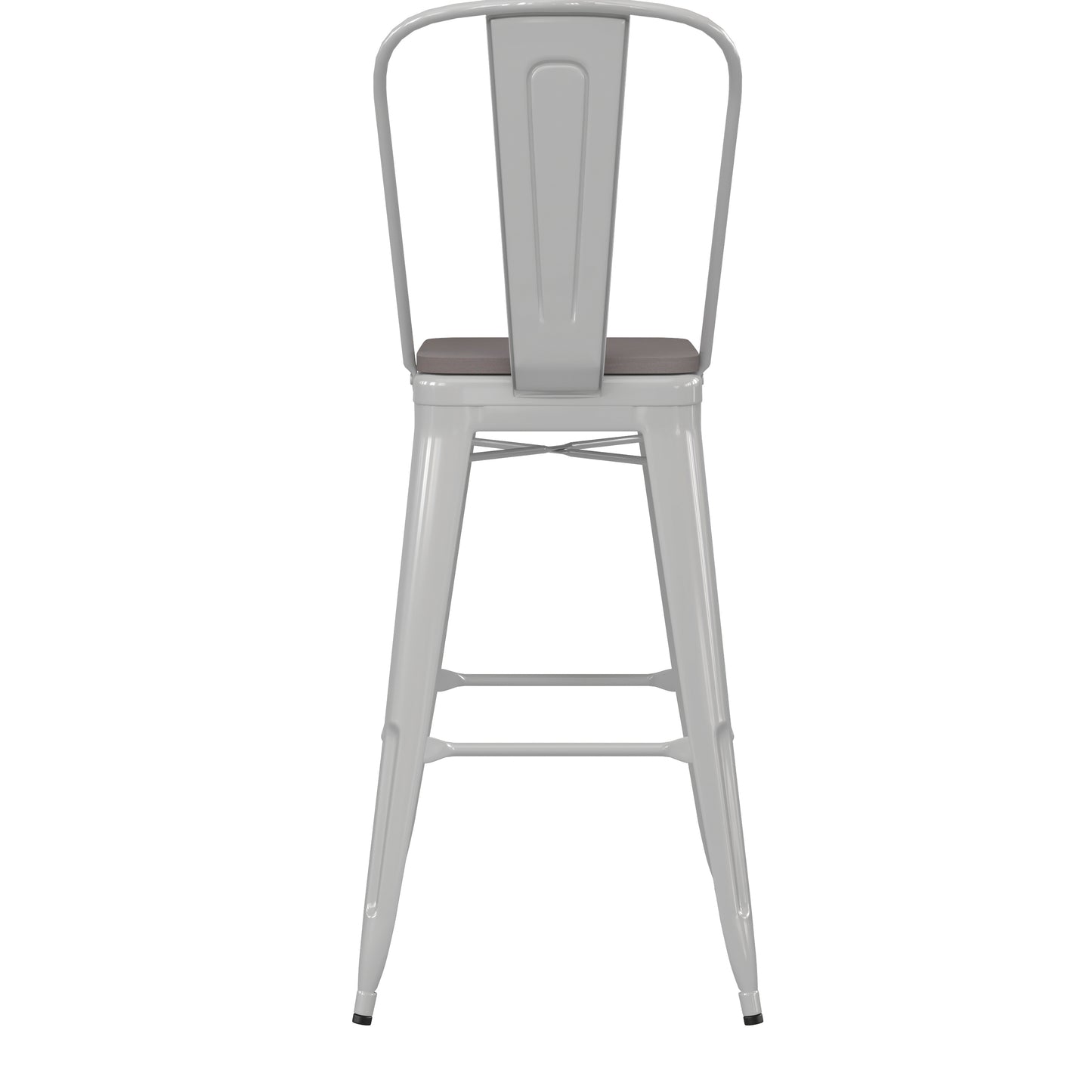 Kai Commercial Grade 30" High White Metal Indoor-Outdoor Bar Height Stool with Removable Back and Gray All-Weather Poly Resin Seat Gray Seat/White Frame