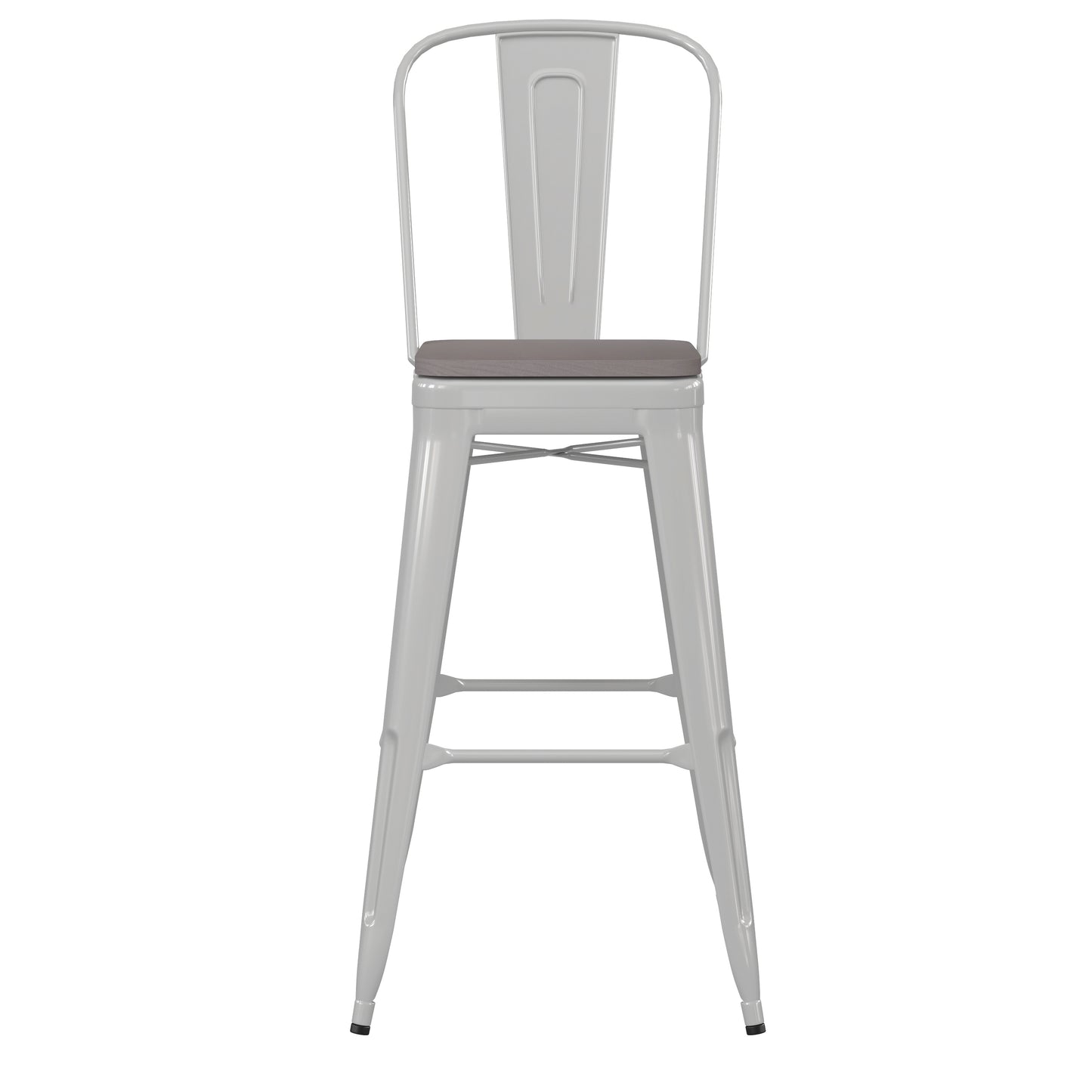Kai Commercial Grade 30" High White Metal Indoor-Outdoor Bar Height Stool with Removable Back and Gray All-Weather Poly Resin Seat Gray Seat/White Frame