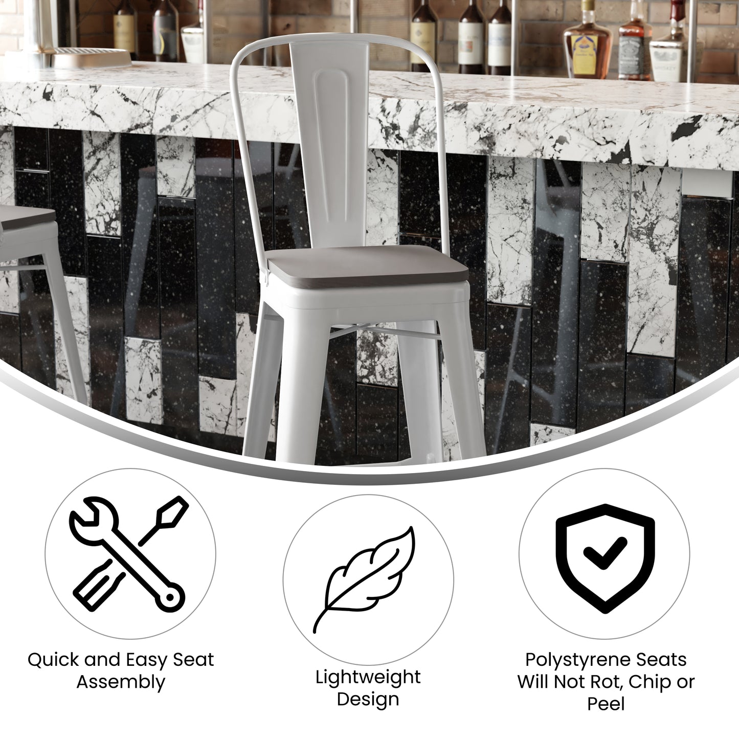 Kai Commercial Grade 30" High White Metal Indoor-Outdoor Bar Height Stool with Removable Back and Gray All-Weather Poly Resin Seat Gray Seat/White Frame