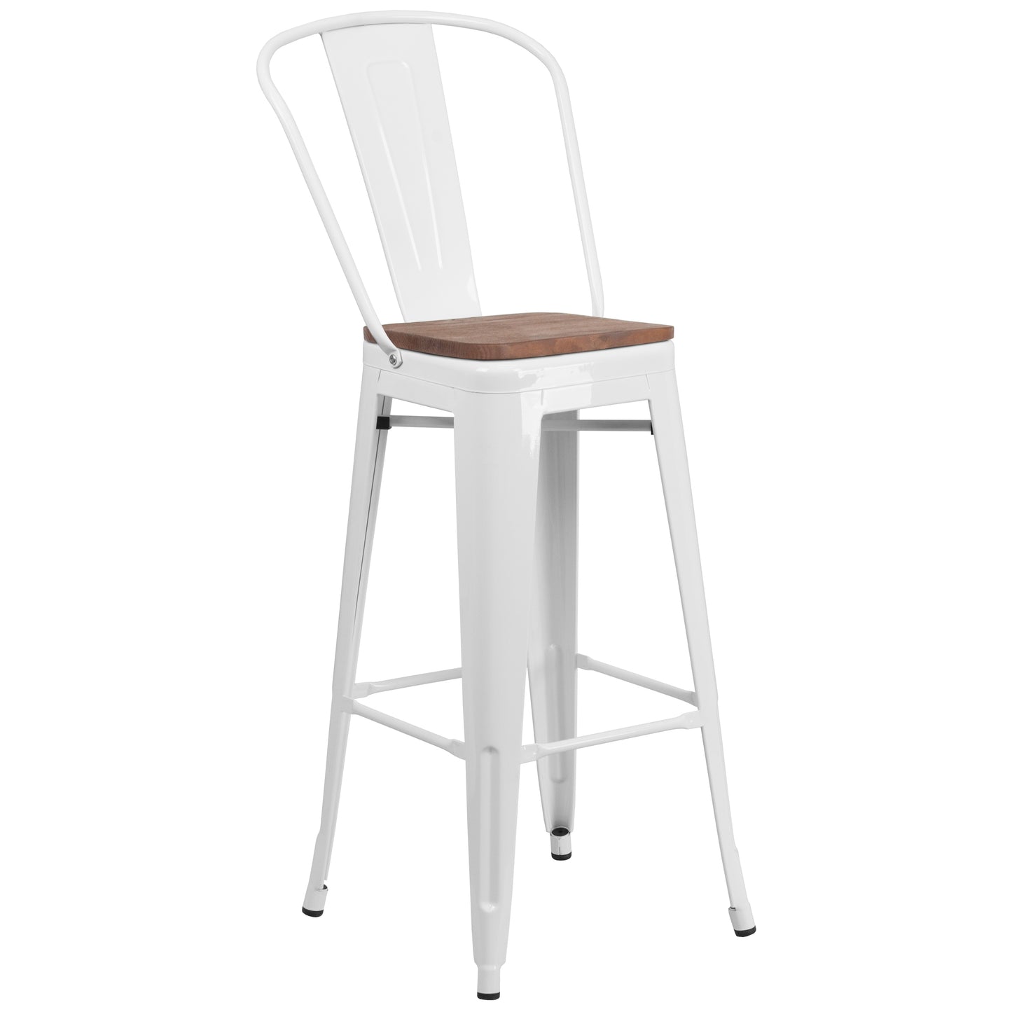 Lily 30" High White Metal Barstool with Back and Wood Seat White