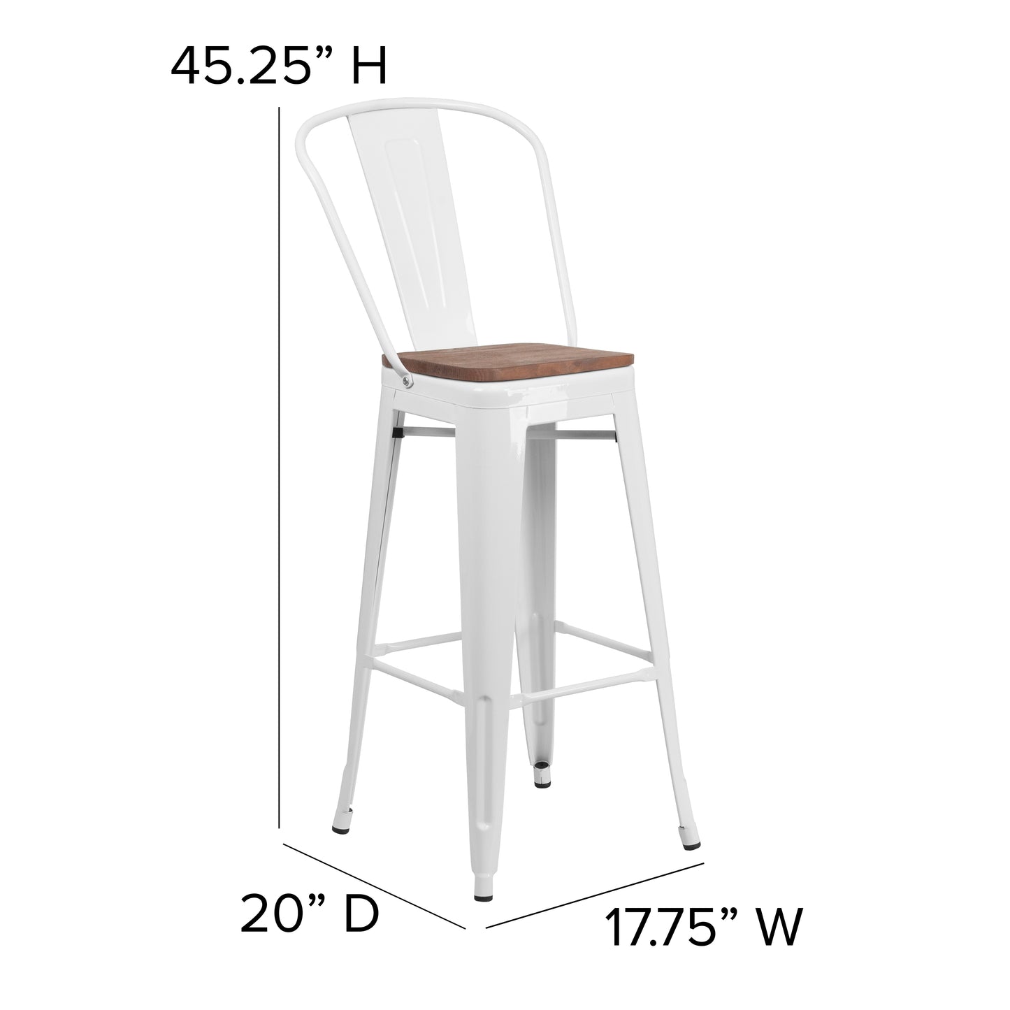Lily 30" High White Metal Barstool with Back and Wood Seat White