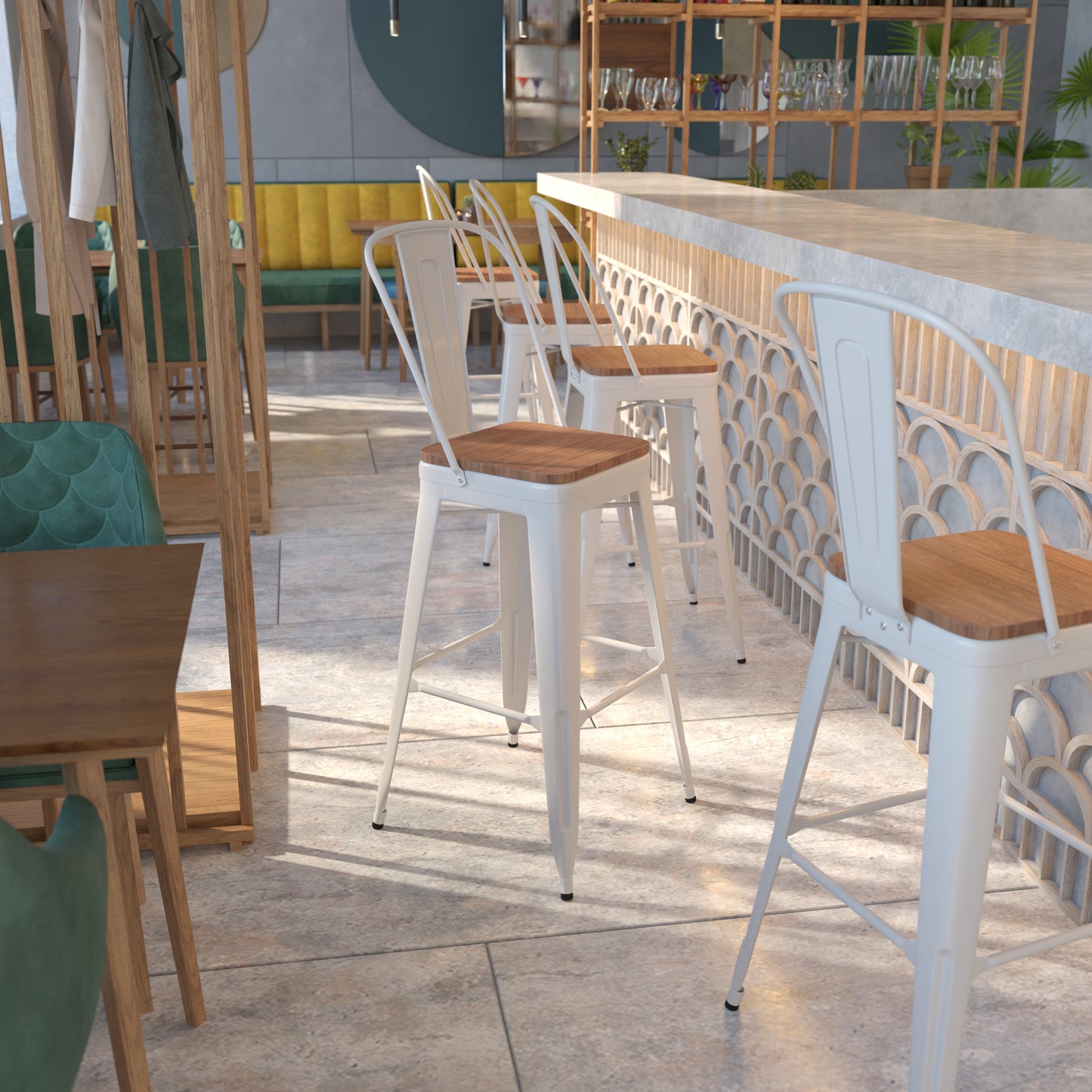 Lily 30" High White Metal Barstool with Back and Wood Seat White