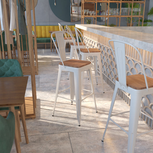 Lily 30" High White Metal Barstool with Back and Wood Seat White