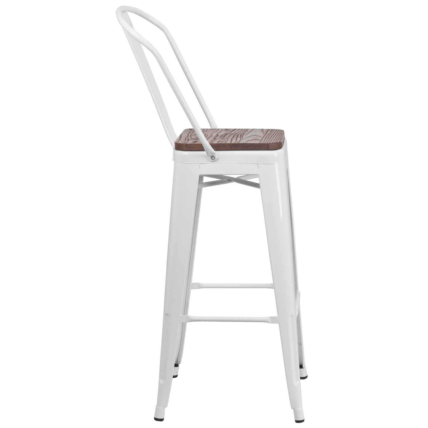 Lily 30" High White Metal Barstool with Back and Wood Seat White