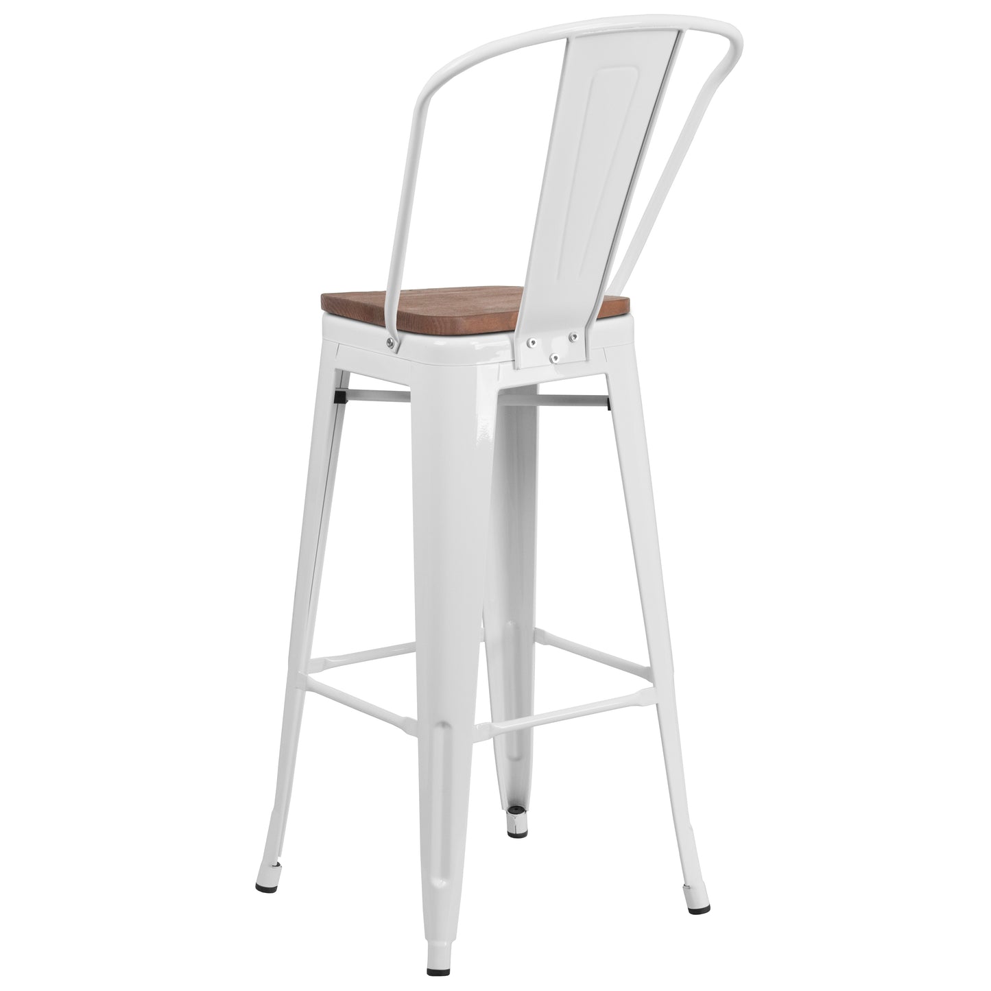 Lily 30" High White Metal Barstool with Back and Wood Seat White