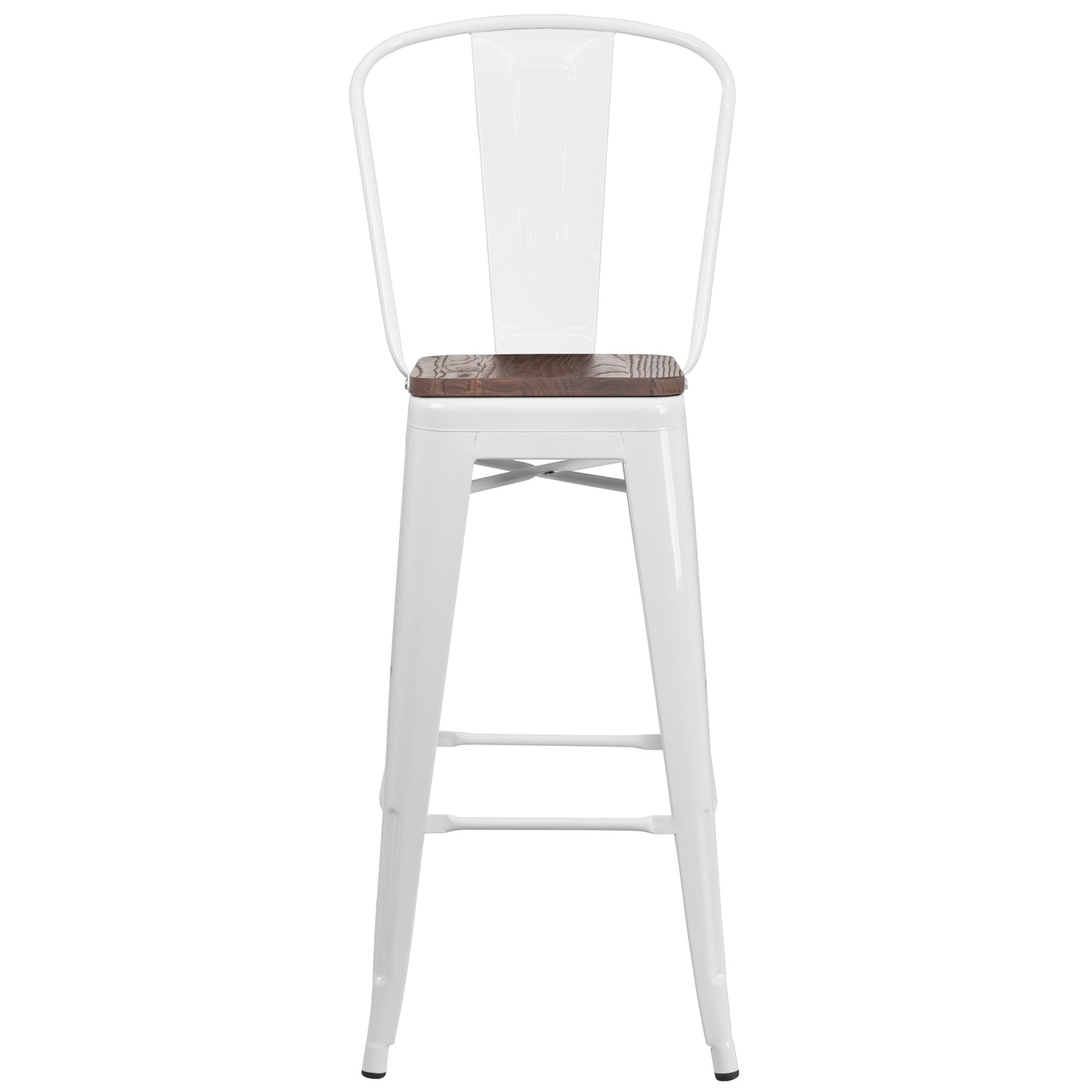 Lily 30" High White Metal Barstool with Back and Wood Seat White