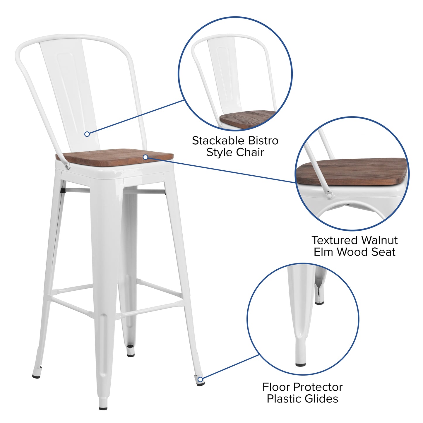 Lily 30" High White Metal Barstool with Back and Wood Seat White