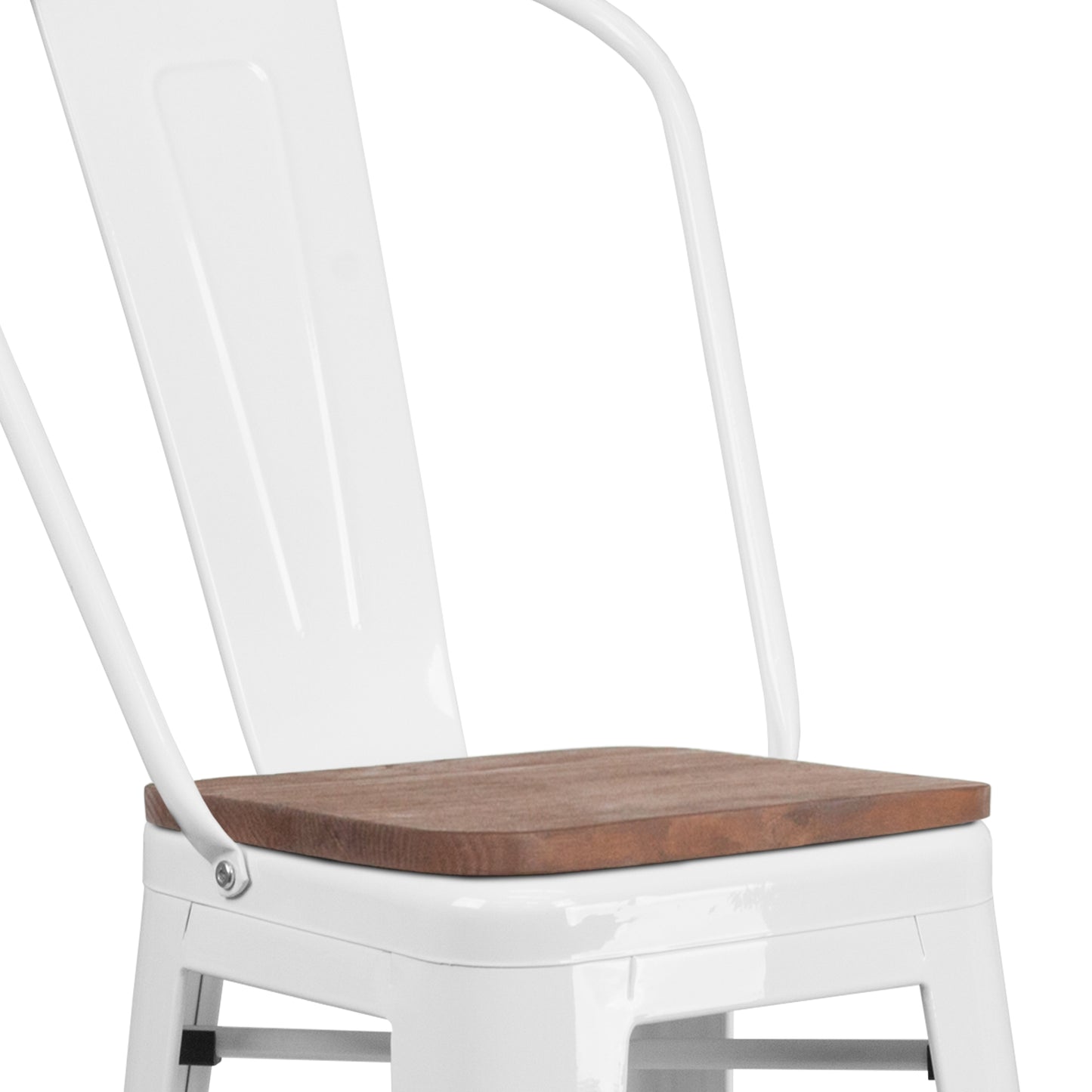 Lily 30" High White Metal Barstool with Back and Wood Seat White