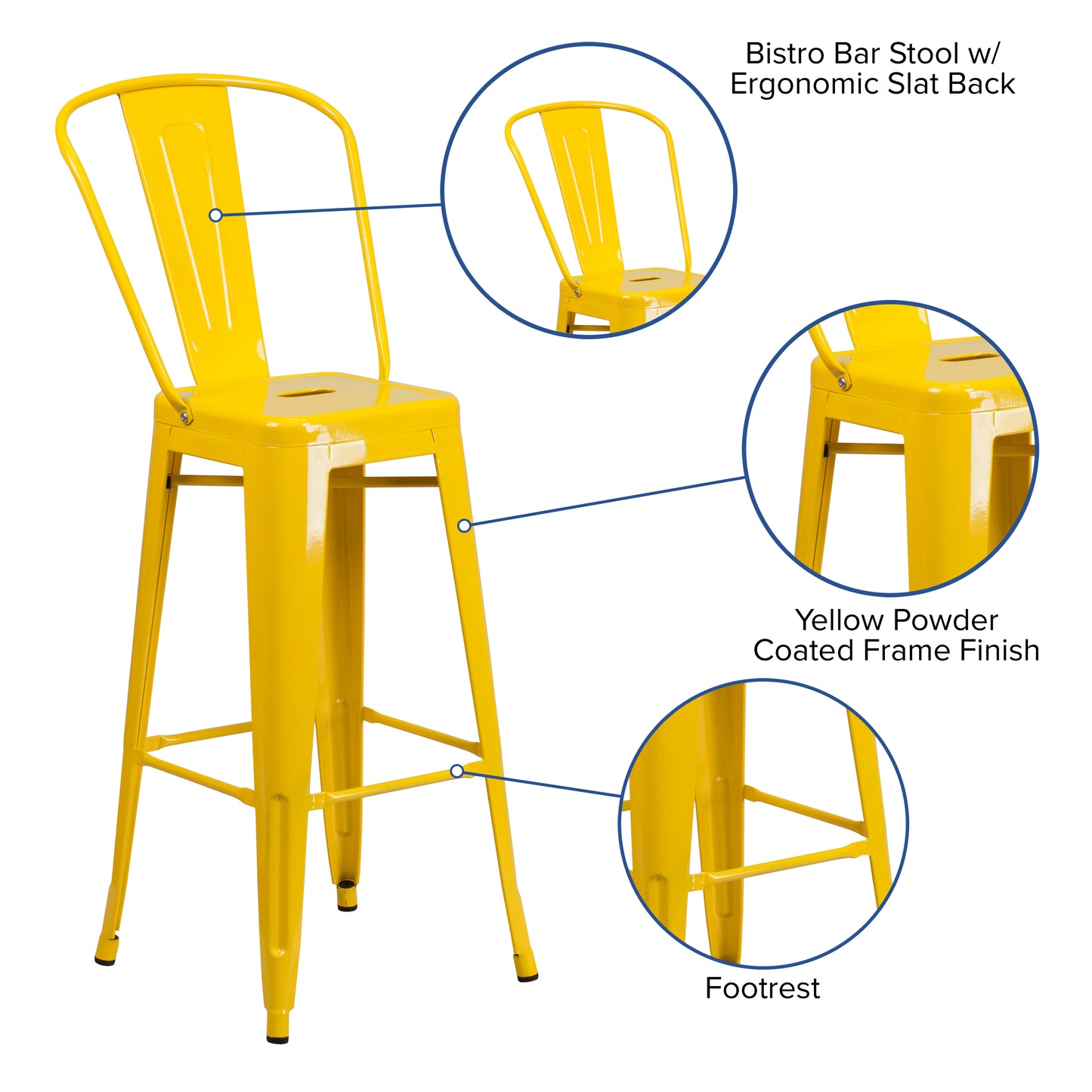 Kai Commercial Grade 30" High Yellow Metal Indoor-Outdoor Barstool with Removable Back Yellow