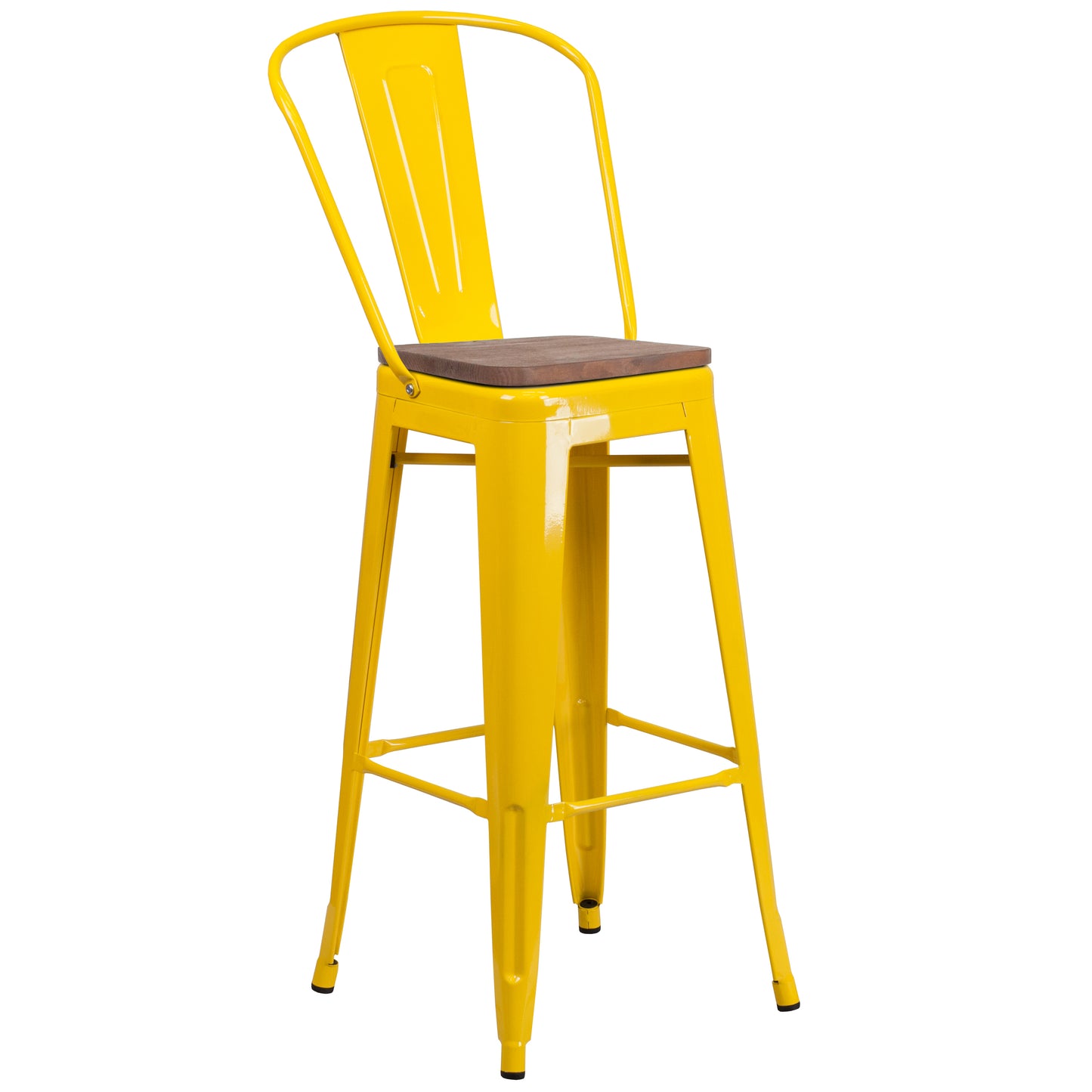 Lily 30" High Yellow Metal Barstool with Back and Wood Seat Yellow