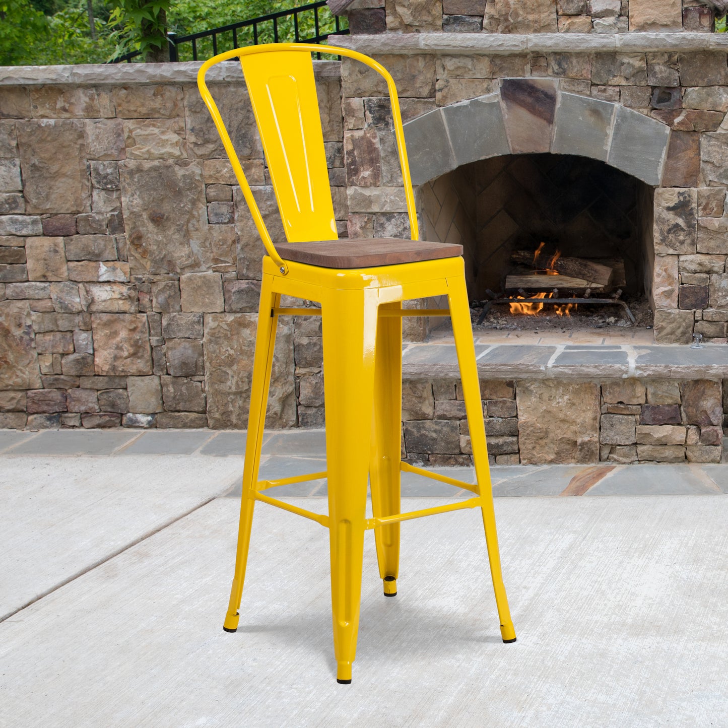 Lily 30" High Yellow Metal Barstool with Back and Wood Seat Yellow