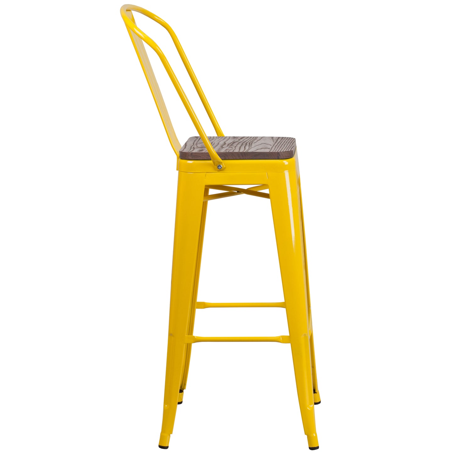 Lily 30" High Yellow Metal Barstool with Back and Wood Seat Yellow