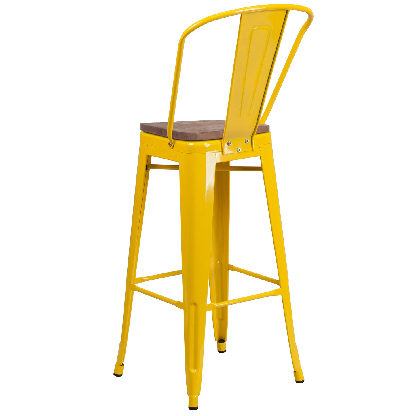 Lily 30" High Yellow Metal Barstool with Back and Wood Seat Yellow