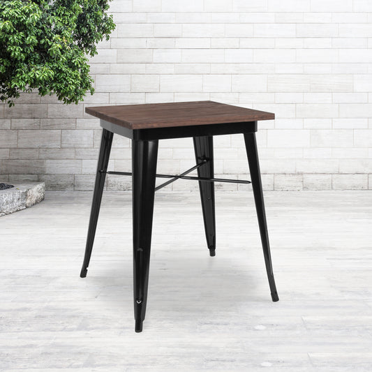 Prince 23.5" Square Black Metal Indoor Table with Walnut Rustic Wood Top Black