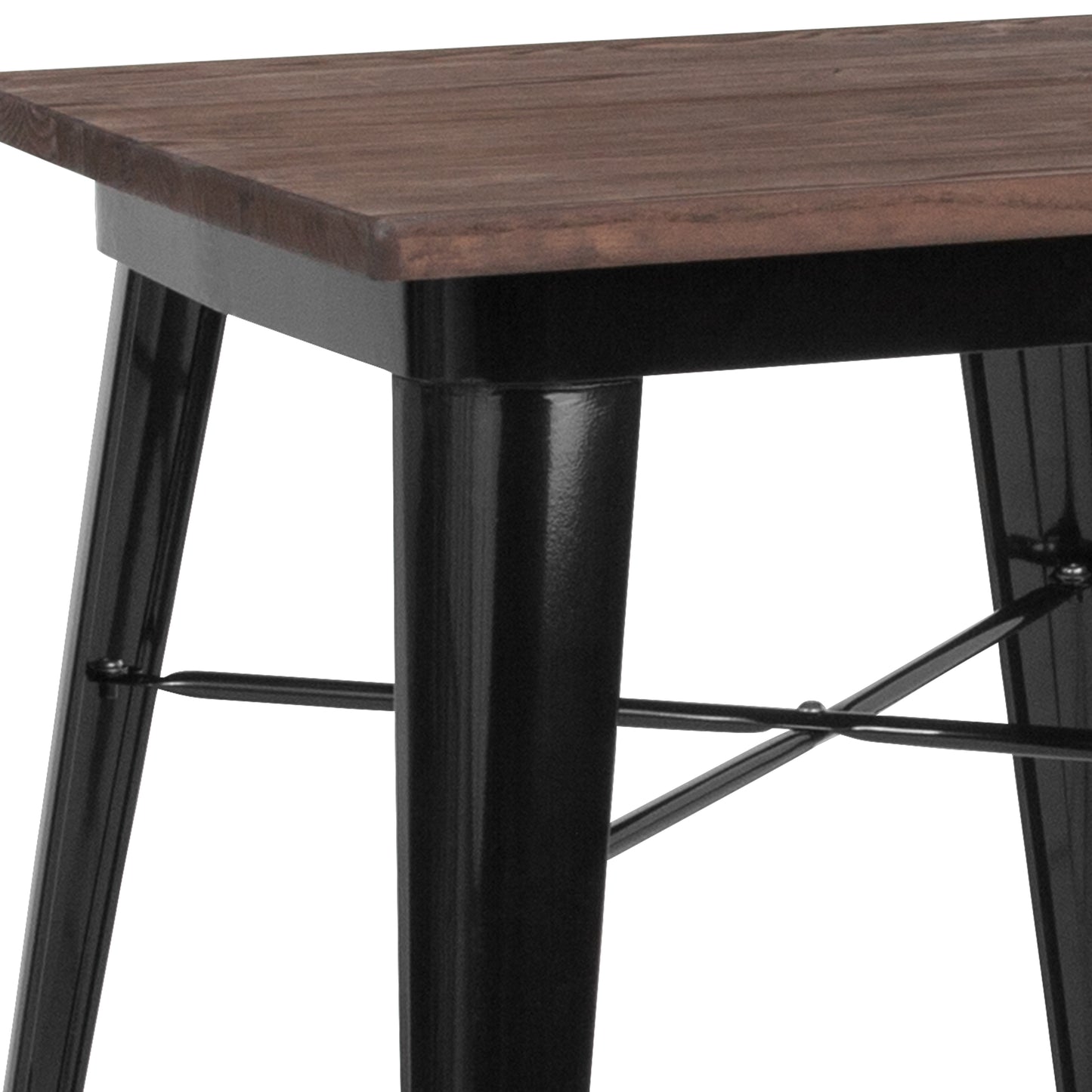 Prince 23.5" Square Black Metal Indoor Table with Walnut Rustic Wood Top Black