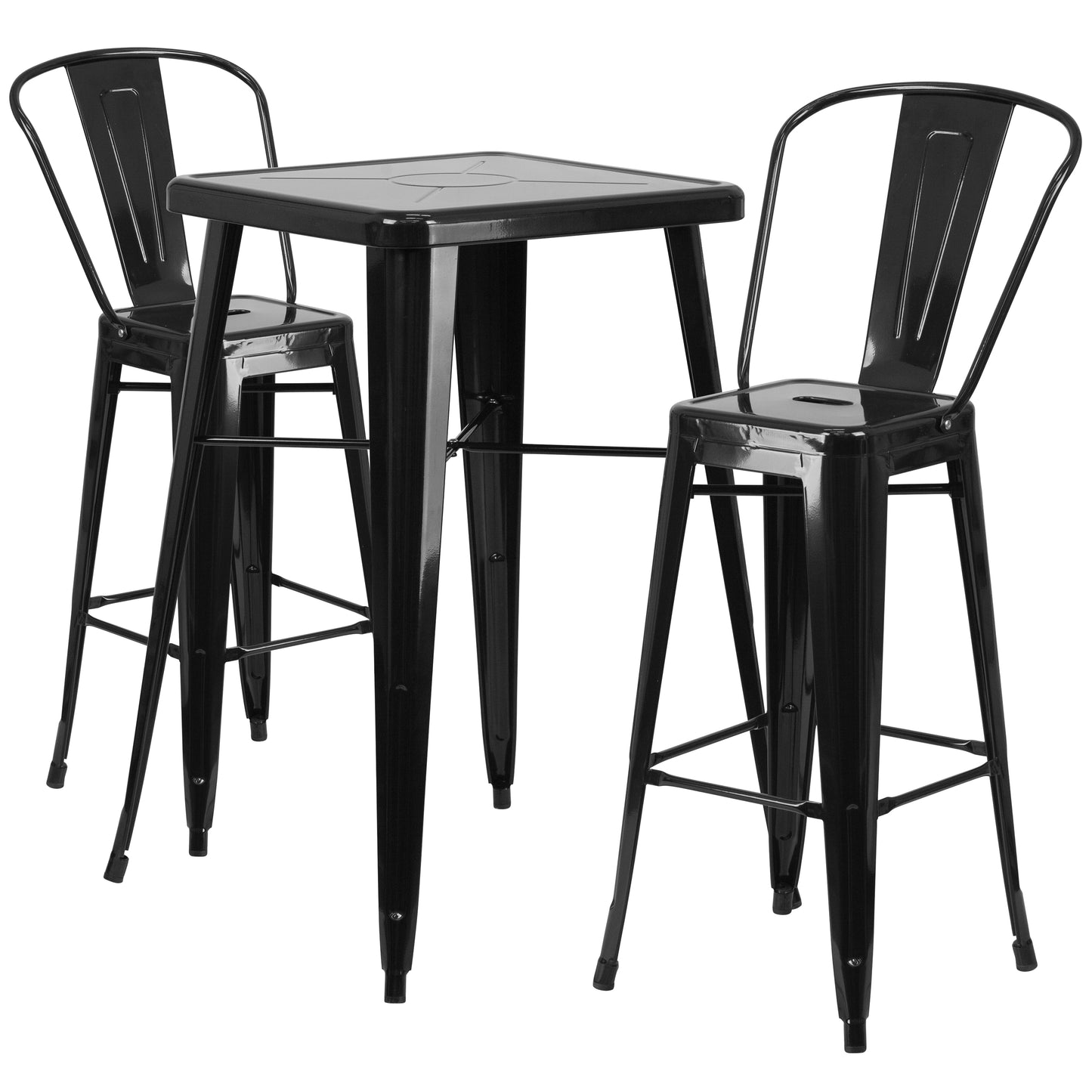 Gable Commercial Grade 23.75" Square Black Metal Indoor-Outdoor Bar Table Set with 2 Stools with Backs Black