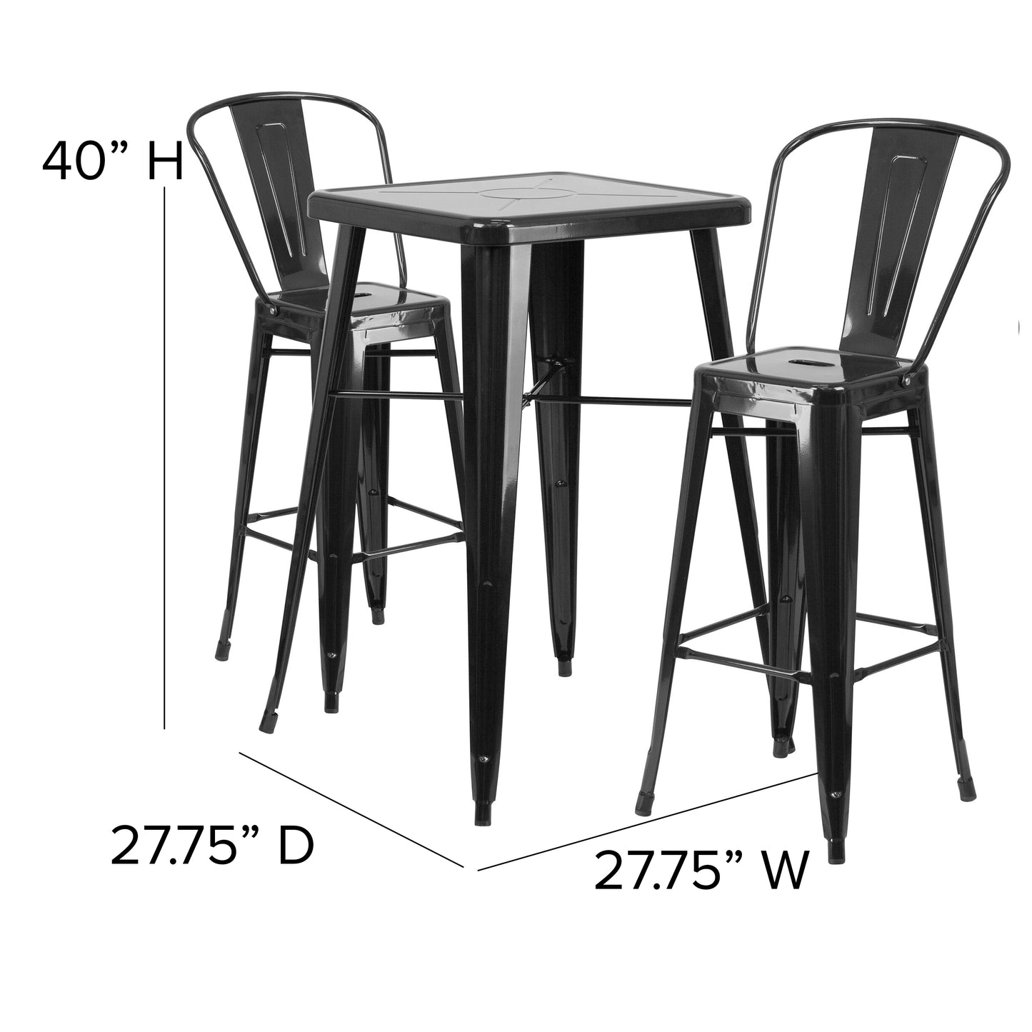 Gable Commercial Grade 23.75" Square Black Metal Indoor-Outdoor Bar Table Set with 2 Stools with Backs Black