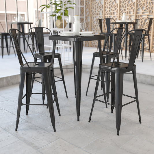 Gable Commercial Grade 23.75" Square Black Metal Indoor-Outdoor Bar Table Set with 2 Stools with Backs Black CH-31330B-2-30GB-BK-GG
