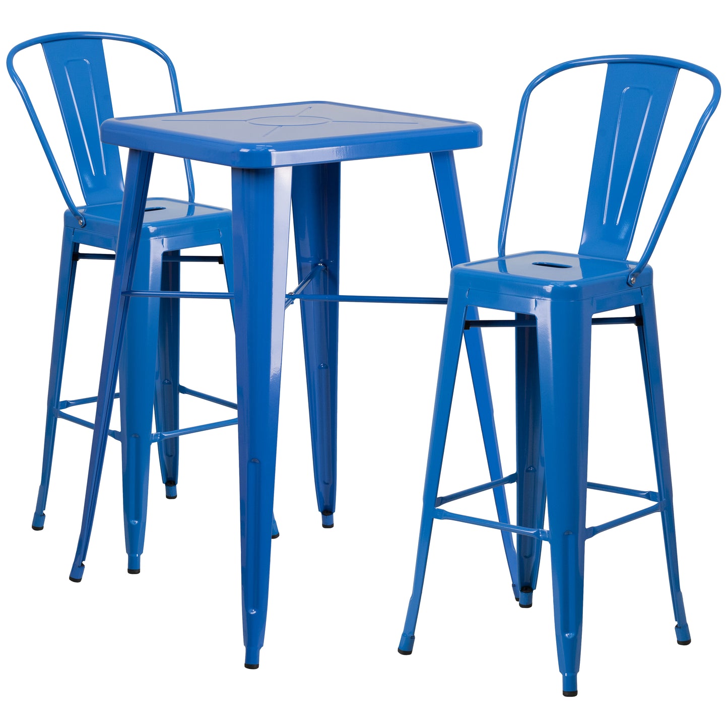 Gable Commercial Grade 23.75" Square Blue Metal Indoor-Outdoor Bar Table Set with 2 Stools with Backs Blue