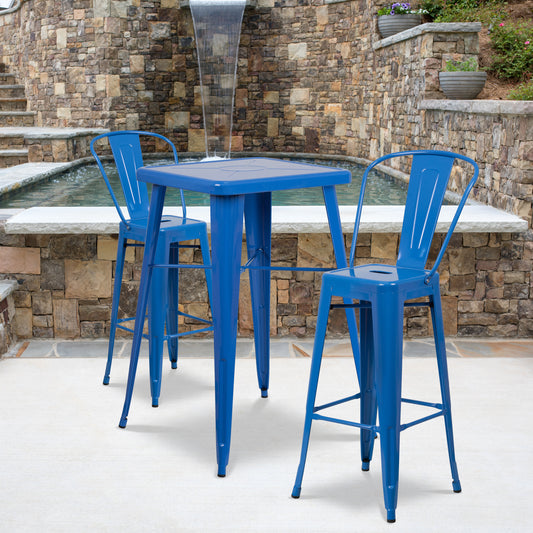 Gable Commercial Grade 23.75" Square Blue Metal Indoor-Outdoor Bar Table Set with 2 Stools with Backs Blue CH-31330B-2-30GB-BL-GG