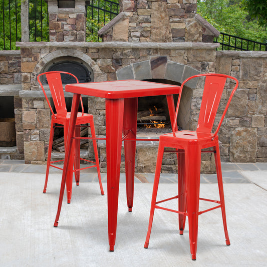 Gable Commercial Grade 23.75" Square Red Metal Indoor-Outdoor Bar Table Set with 2 Stools with Backs Red CH-31330B-2-30GB-RED-GG