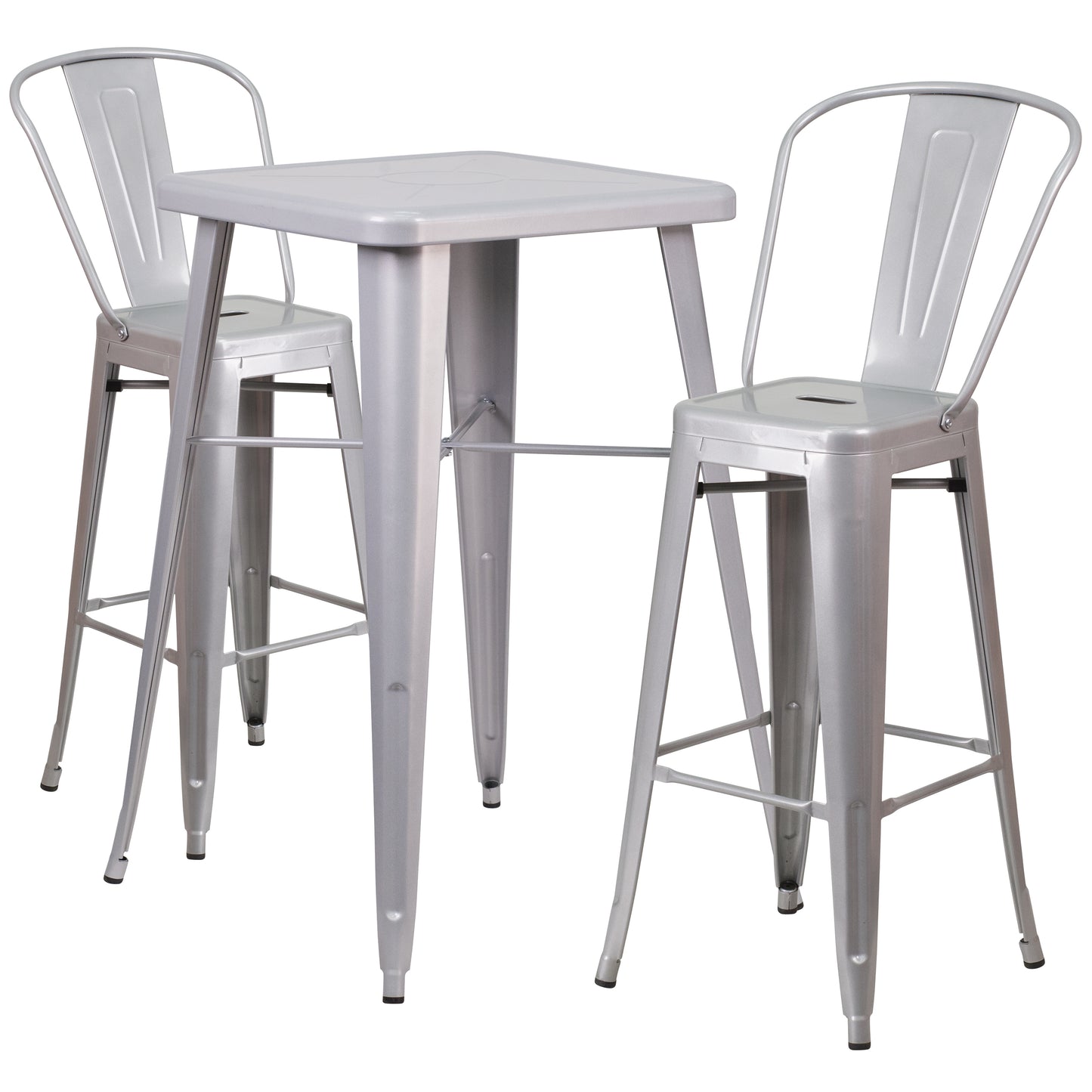 Gable Commercial Grade 23.75" Square Silver Metal Indoor-Outdoor Bar Table Set with 2 Stools with Backs Silver