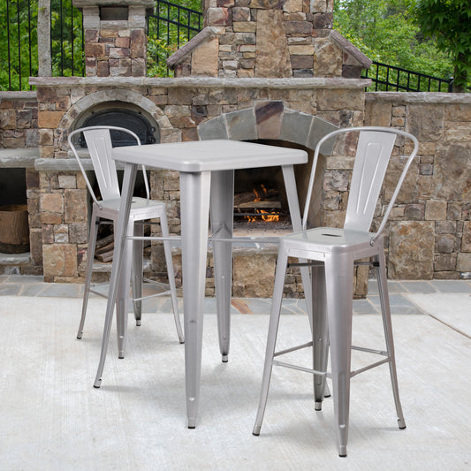 Gable Commercial Grade 23.75" Square Silver Metal Indoor-Outdoor Bar Table Set with 2 Stools with Backs Silver CH-31330B-2-30GB-SIL-GG