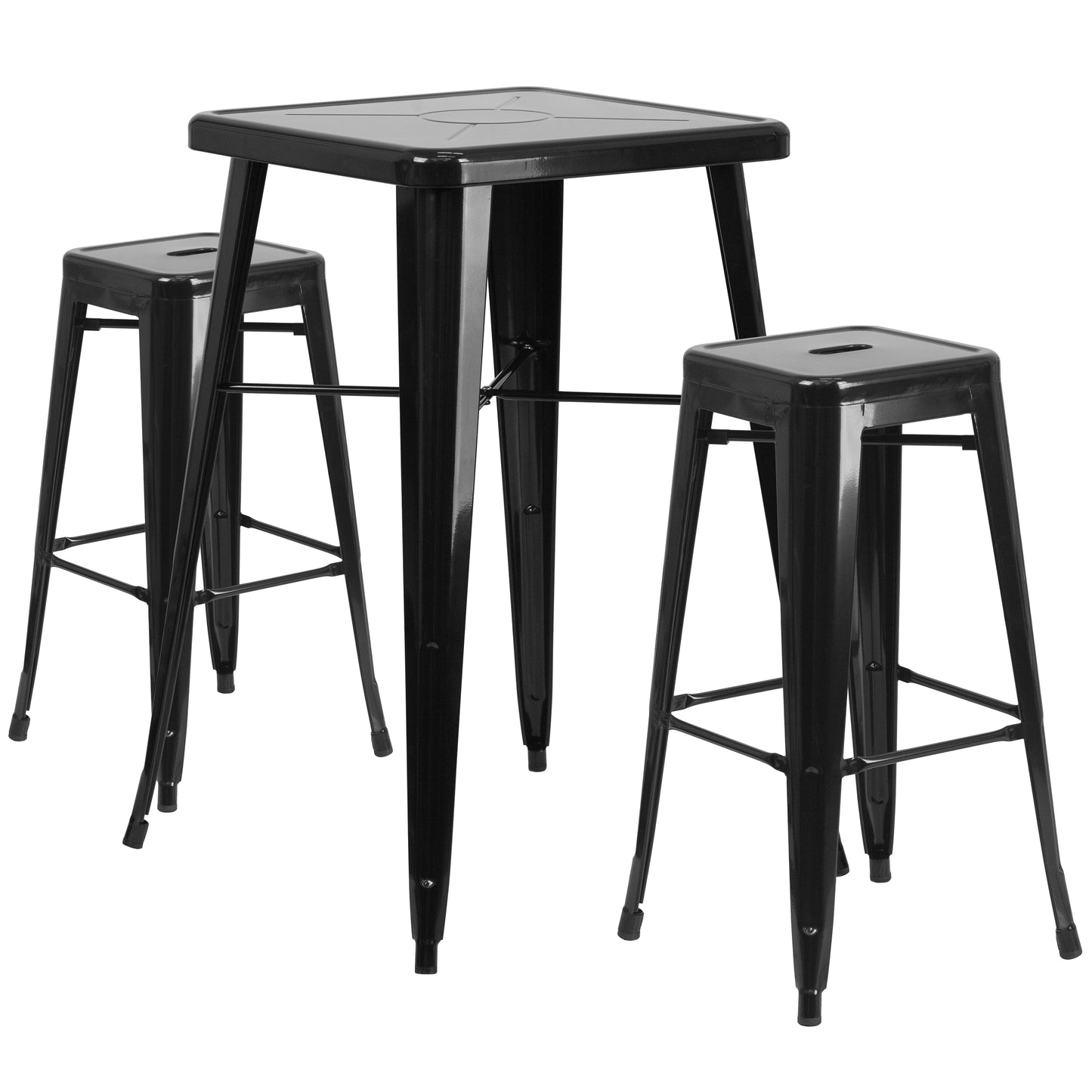 Stone Commercial Grade 23.75" Square Black Metal Indoor-Outdoor Bar Table Set with 2 Square Seat Backless Stools Black