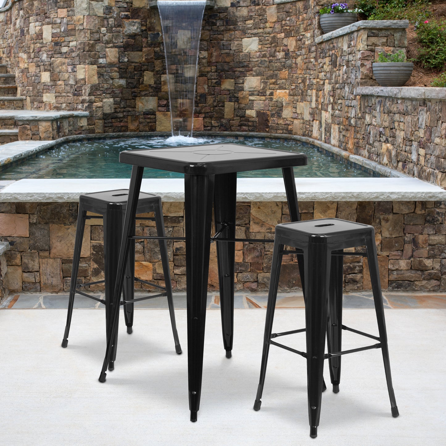 Stone Commercial Grade 23.75" Square Black Metal Indoor-Outdoor Bar Table Set with 2 Square Seat Backless Stools Black