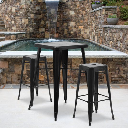 Stone Commercial Grade 23.75" Square Black Metal Indoor-Outdoor Bar Table Set with 2 Square Seat Backless Stools Black CH-31330B-2-30SQ-BK-GG