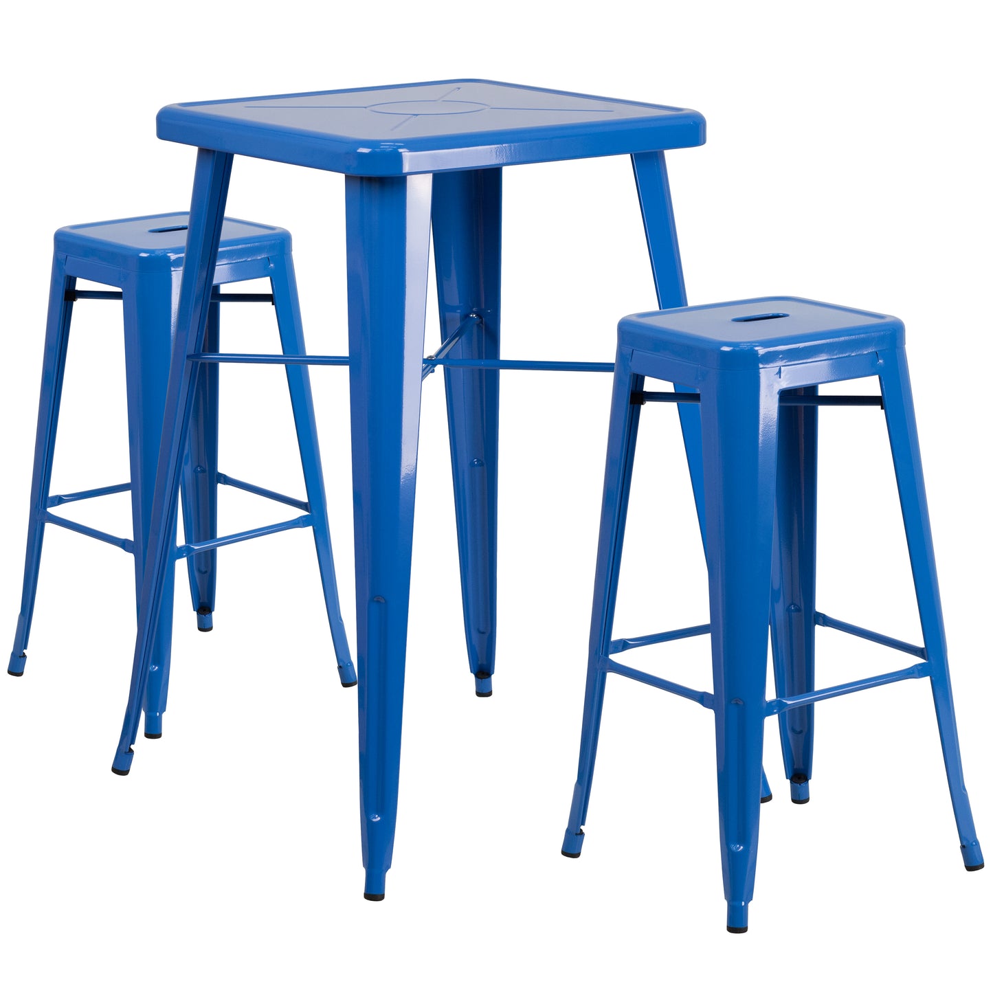 Stone Commercial Grade 23.75" Square Blue Metal Indoor-Outdoor Bar Table Set with 2 Square Seat Backless Stools Blue CH-31330B-2-30SQ-BL-GG