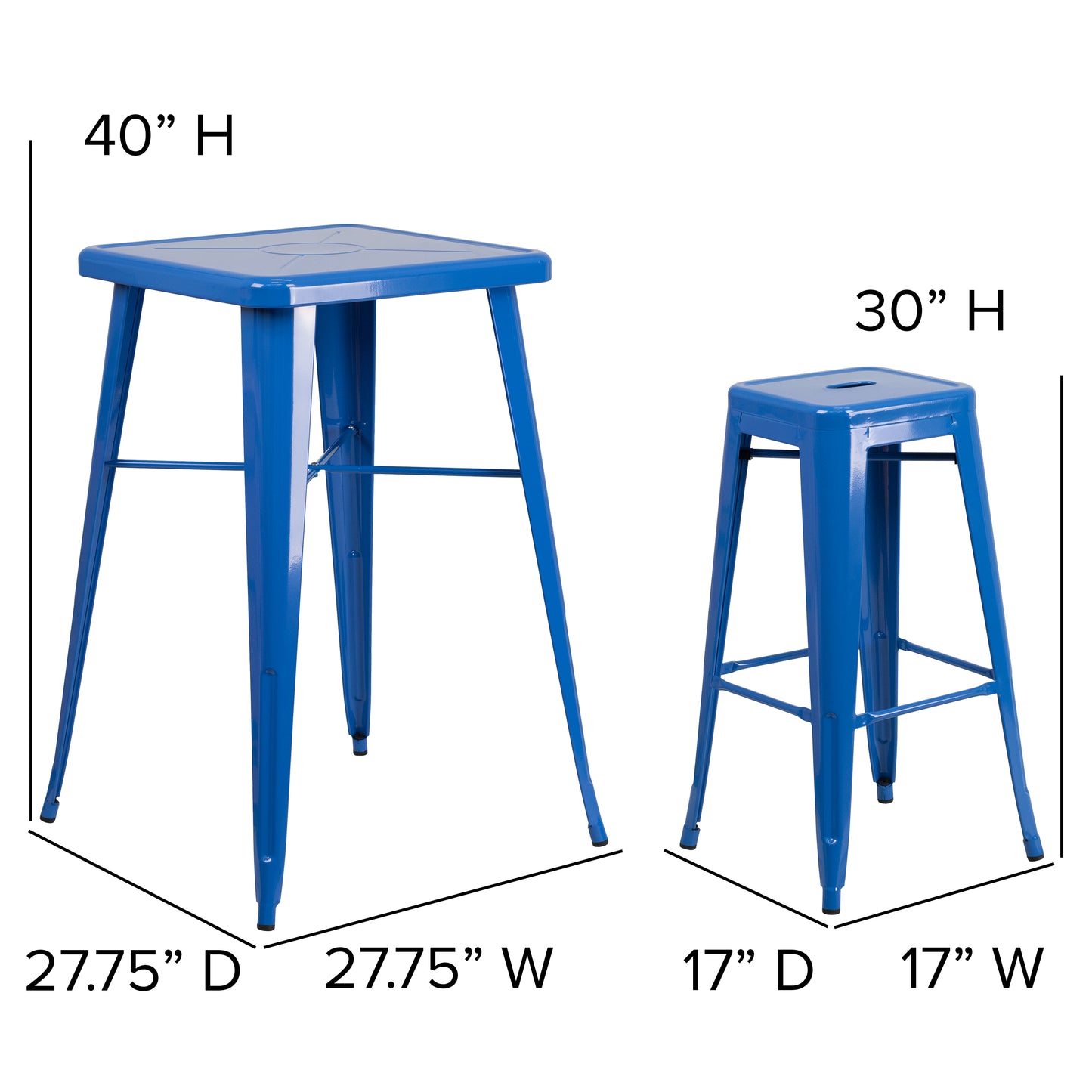 Stone Commercial Grade 23.75" Square Blue Metal Indoor-Outdoor Bar Table Set with 2 Square Seat Backless Stools Blue CH-31330B-2-30SQ-BL-GG