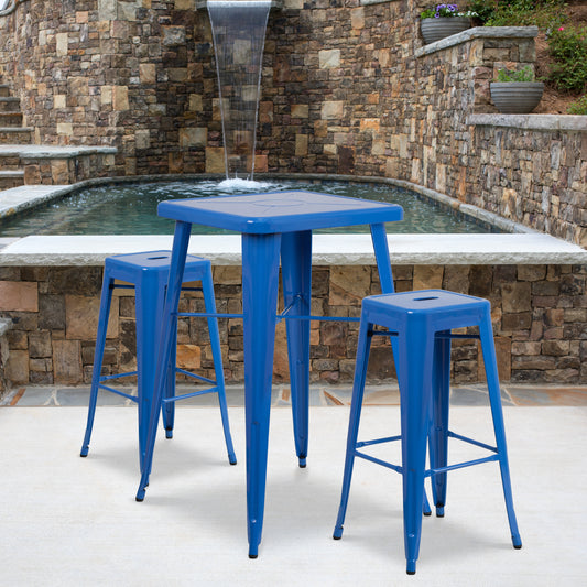 Stone Commercial Grade 23.75" Square Blue Metal Indoor-Outdoor Bar Table Set with 2 Square Seat Backless Stools Blue CH-31330B-2-30SQ-BL-GG
