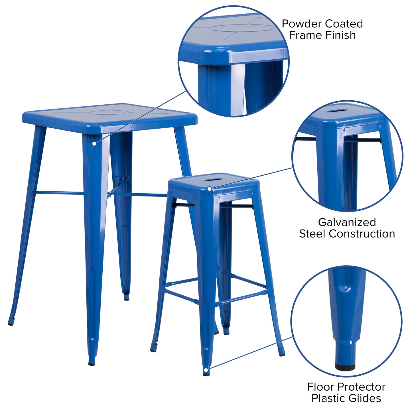 Stone Commercial Grade 23.75" Square Blue Metal Indoor-Outdoor Bar Table Set with 2 Square Seat Backless Stools Blue CH-31330B-2-30SQ-BL-GG