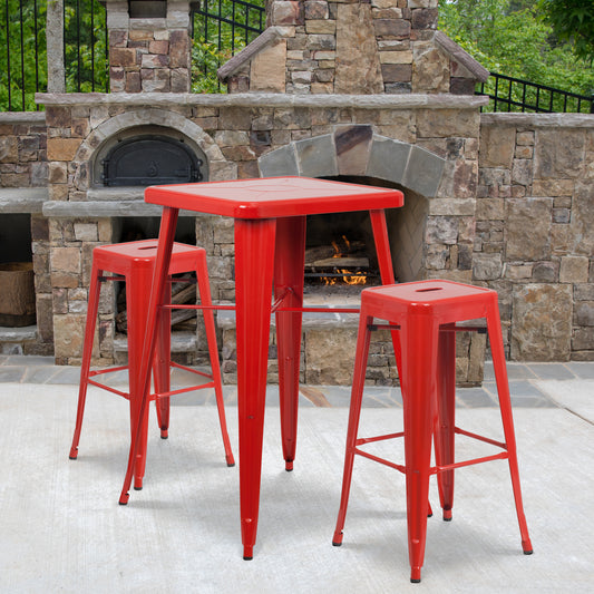 Stone Commercial Grade 23.75" Square Red Metal Indoor-Outdoor Bar Table Set with 2 Square Seat Backless Stools Red CH-31330B-2-30SQ-RED-GG