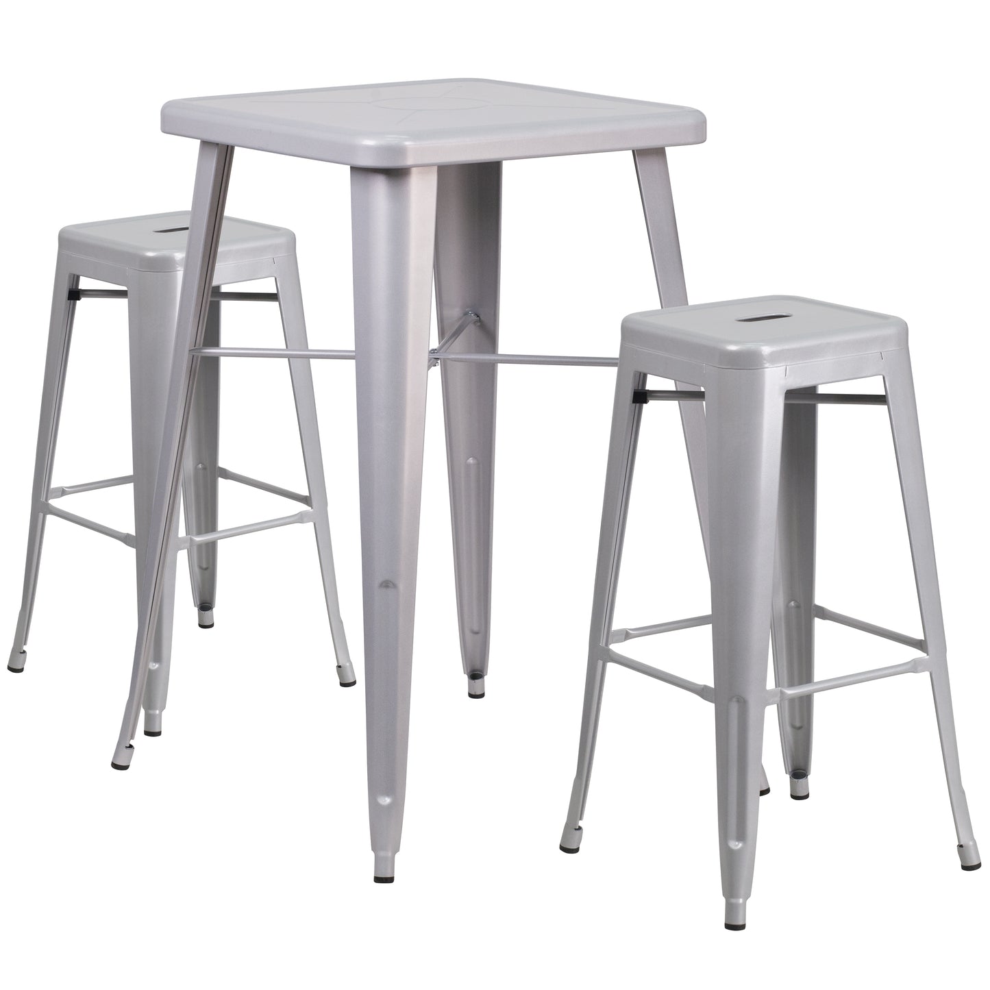 Stone Commercial Grade 23.75" Square Silver Metal Indoor-Outdoor Bar Table Set with 2 Square Seat Backless Stools Silver