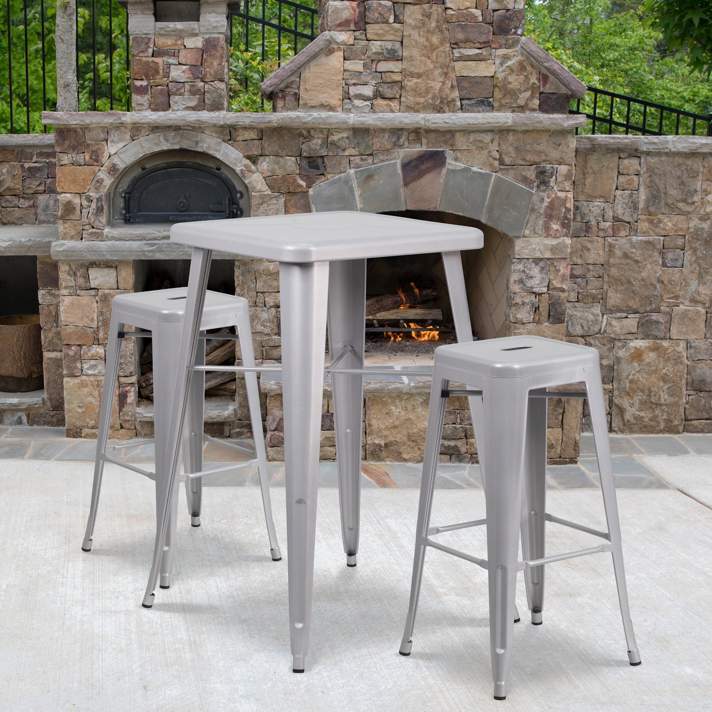 Stone Commercial Grade 23.75" Square Silver Metal Indoor-Outdoor Bar Table Set with 2 Square Seat Backless Stools Silver