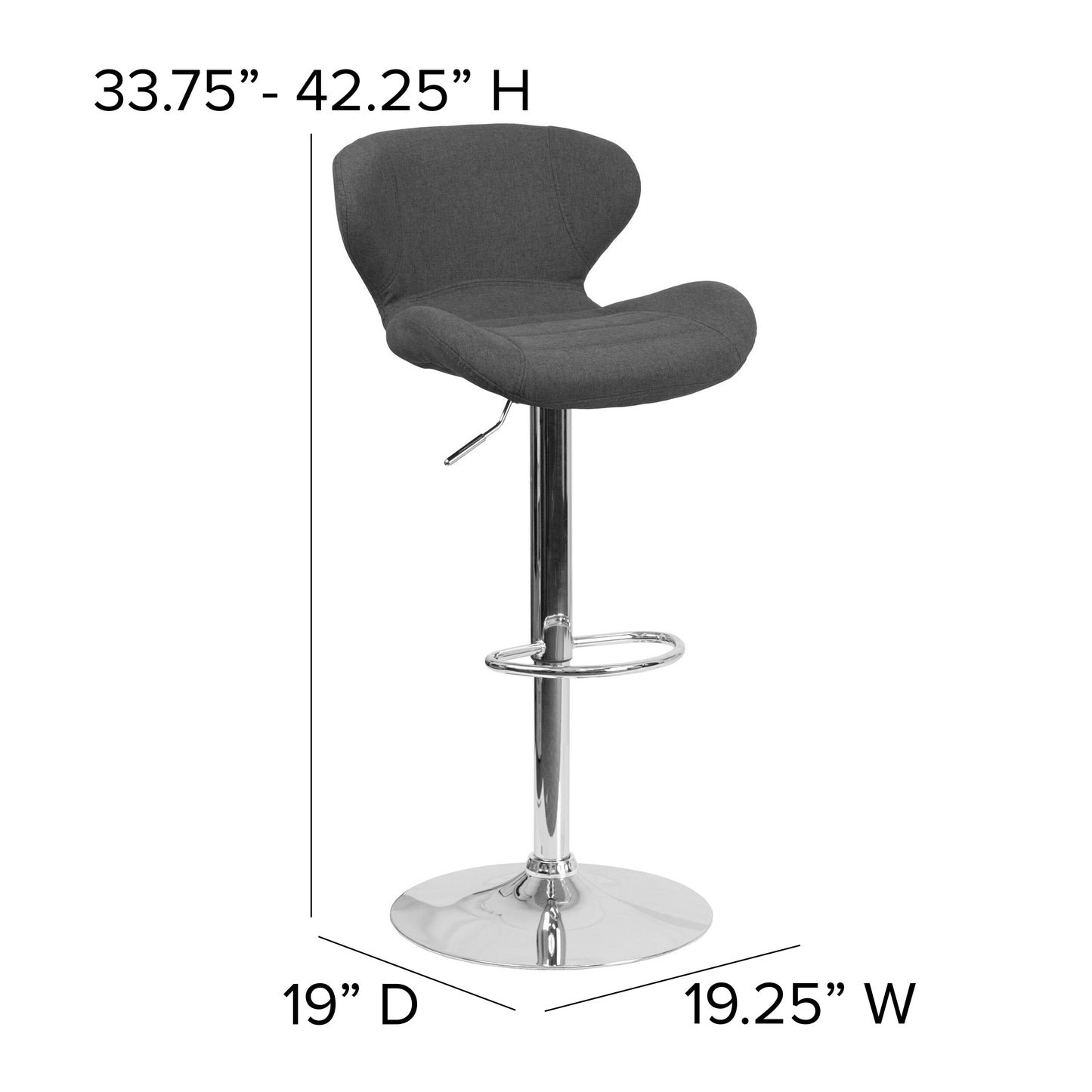 Francis Contemporary Charcoal Fabric Adjustable Height Barstool with Curved Back and Chrome Base Charcoal Fabric