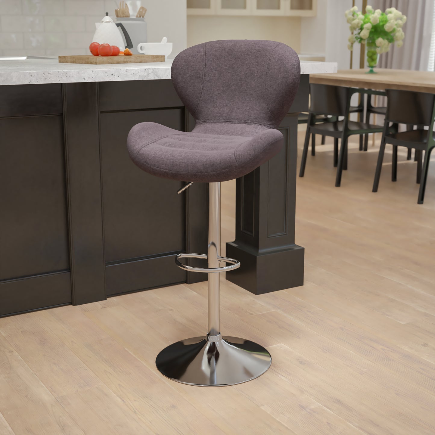 Francis Contemporary Charcoal Fabric Adjustable Height Barstool with Curved Back and Chrome Base Charcoal Fabric