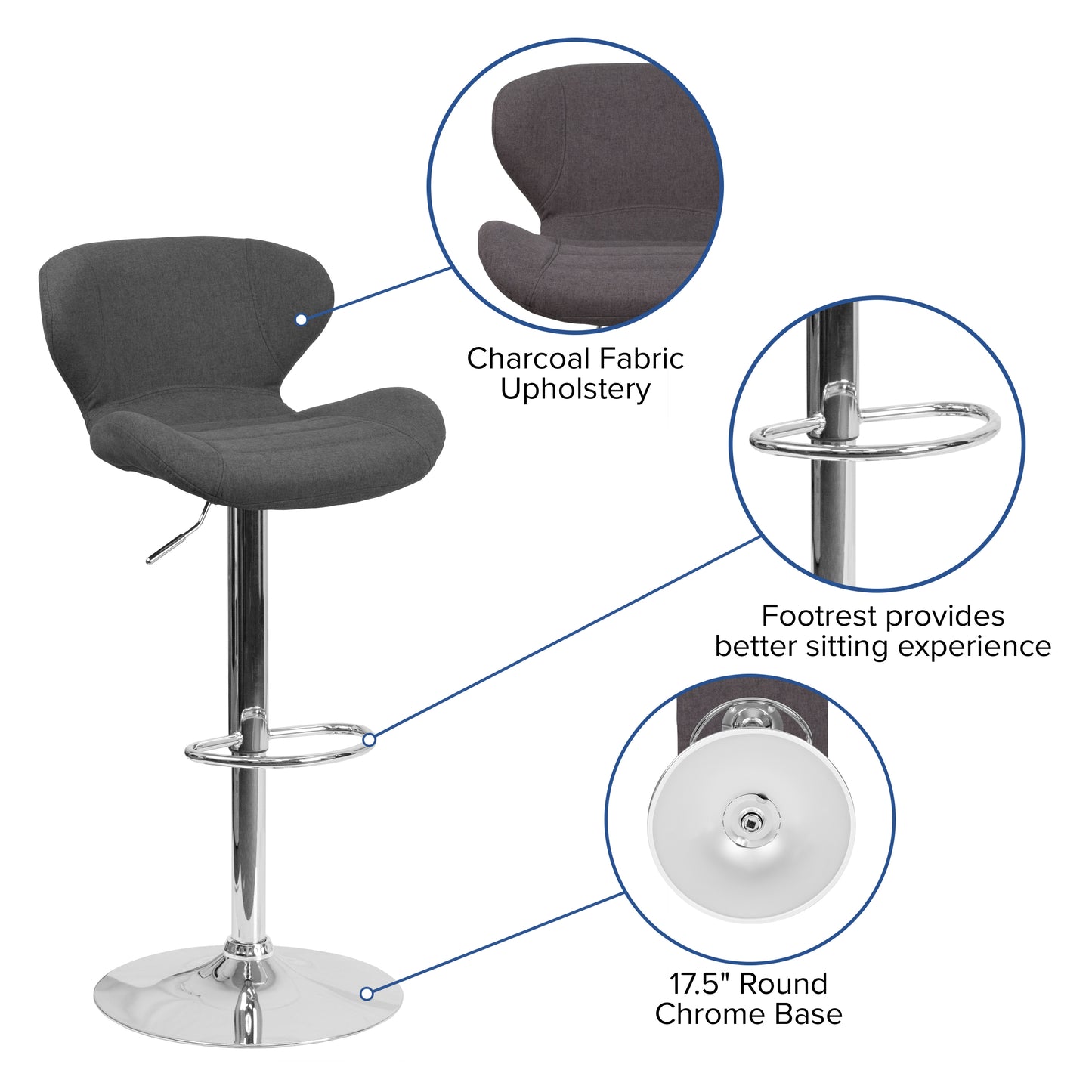 Francis Contemporary Charcoal Fabric Adjustable Height Barstool with Curved Back and Chrome Base Charcoal Fabric