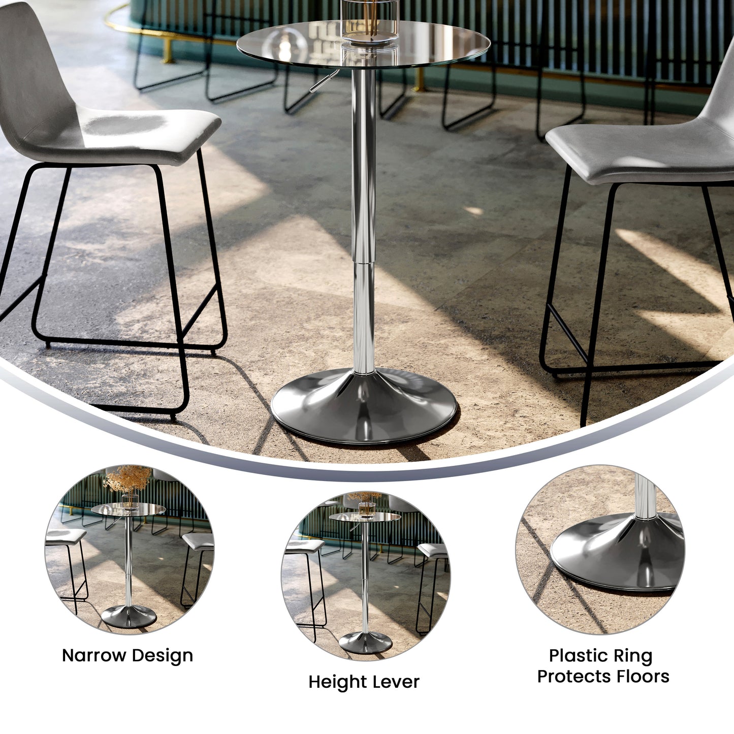 Chad 23.5'' Round Adjustable Height Glass Table (Adjustable Range 33.5'' - 41'') Clear Top/Chrome Frame