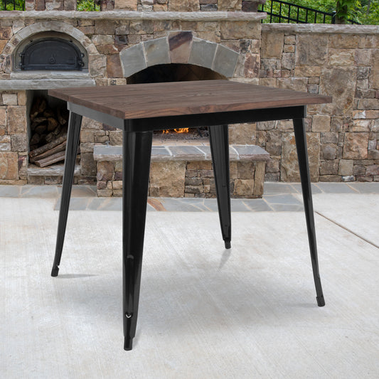 Toby 31.5" Square Black Metal Indoor Table with Walnut Rustic Wood Top Black