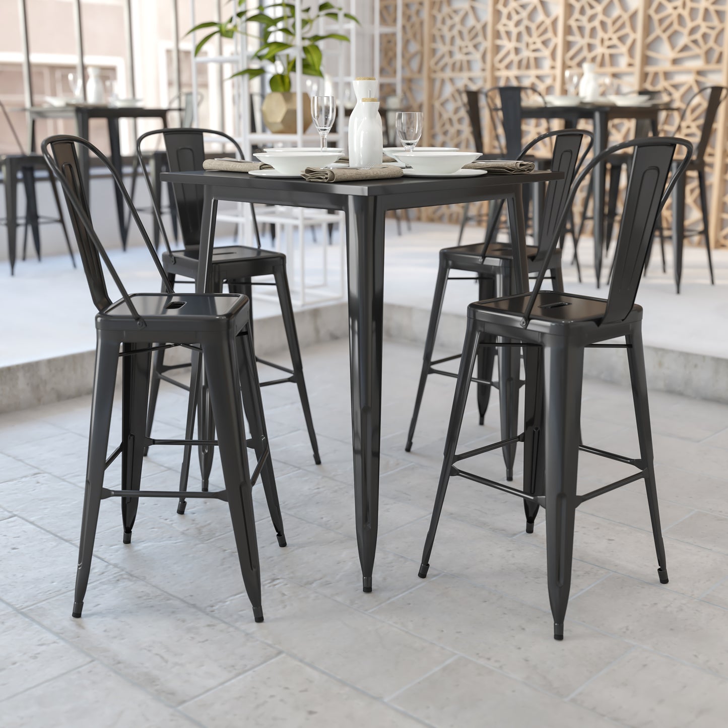 Nolan Commercial Grade 31.5" Square Black Metal Indoor-Outdoor Bar Height Table Black