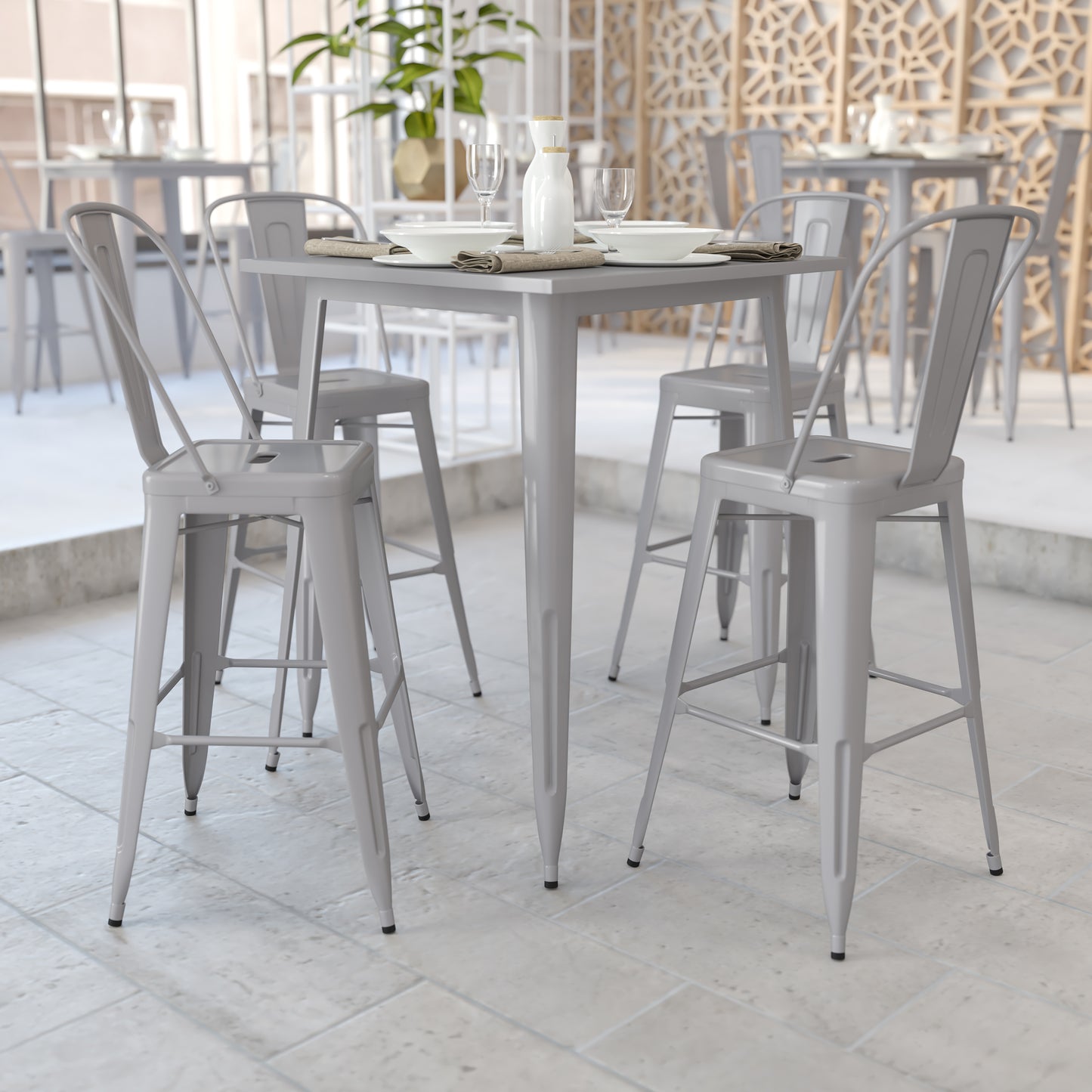 Nolan Commercial Grade 31.5" Square Silver Metal Indoor-Outdoor Bar Height Table Silver