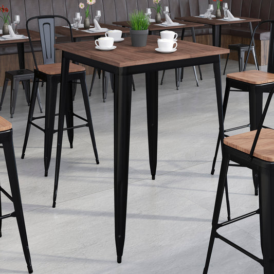 Nolan 31.5" Square Black Metal Indoor Bar Height Table with Walnut Rustic Wood Top Black