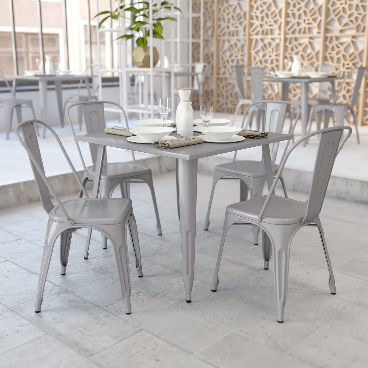 Parker Commercial Grade 35.5" Square Silver Metal Indoor-Outdoor Table Silver
