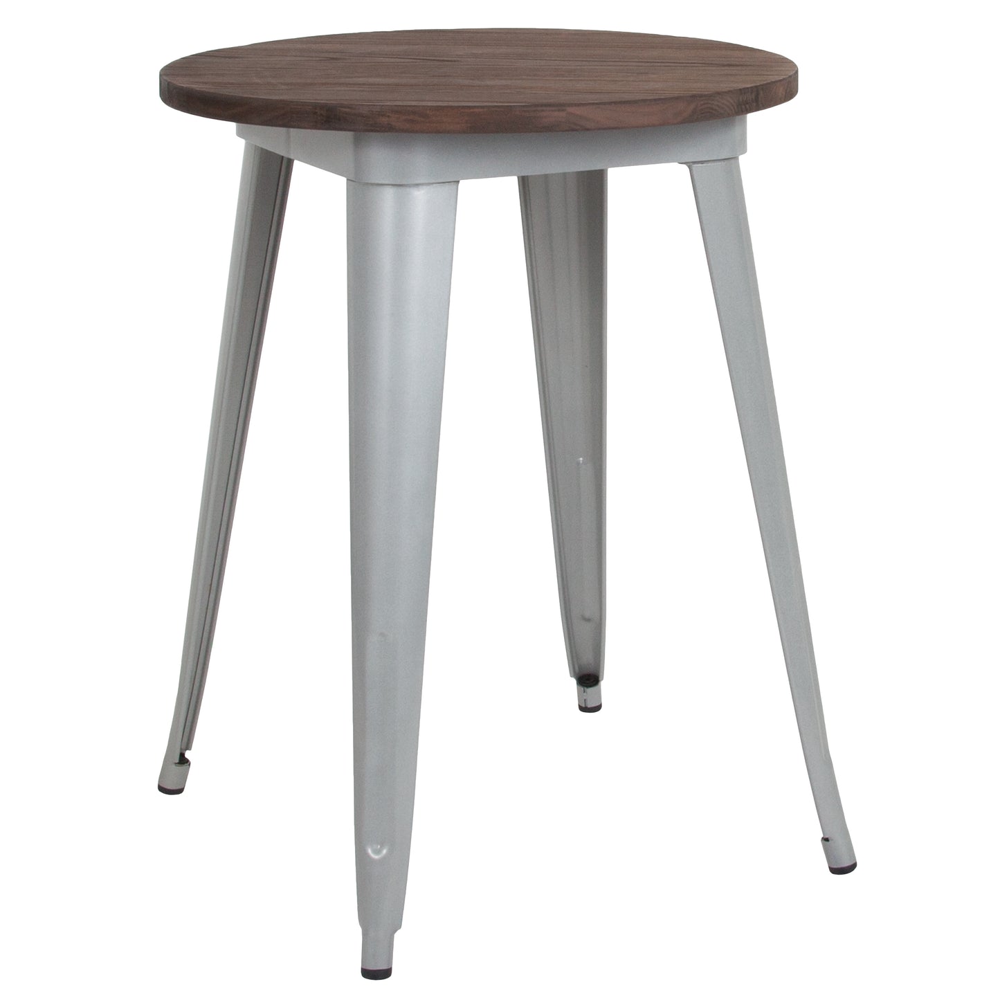 Webb 24" Round Silver Metal Indoor Table with Walnut Rustic Wood Top Silver